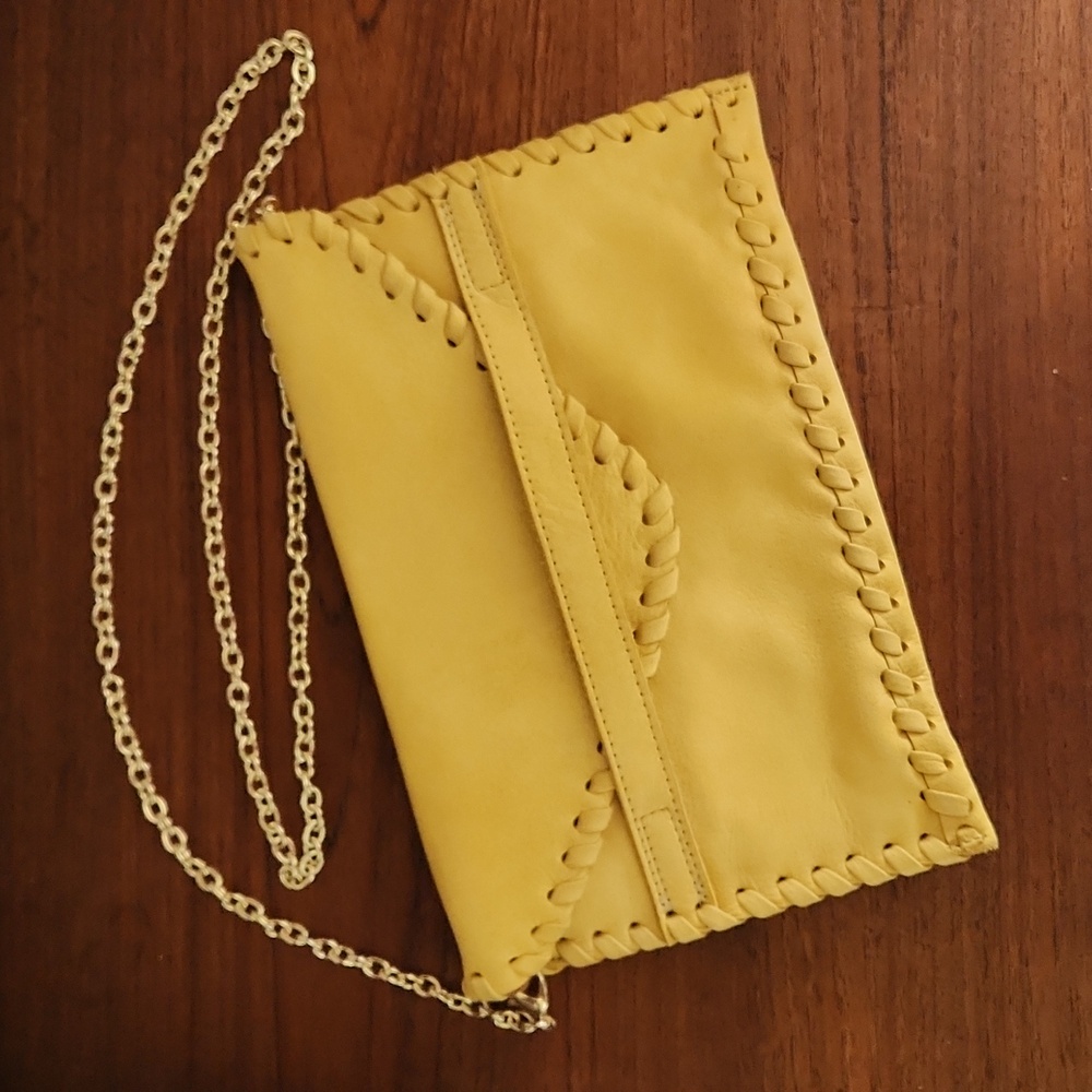 Laggo Polka Envelope Clutch Bag Purse Womens yellow Leather gold chain nwot